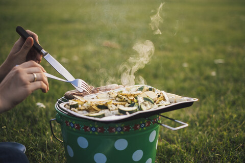 Frau isst gegrillte Würstchen und Gemüse auf einer Wiese, Teilansicht, lizenzfreies Stockfoto