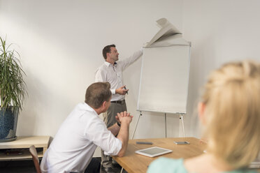 Businessman leading a presentation at flip chart in office - PAF01875