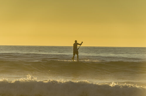 USA, Kalifornien, Del Mar, Stand-up-Paddle-Surfen am Abend - RUNF01130