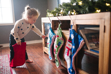 Mädchen im Kleinkindalter hängt Weihnachtsstrümpfe auf - ISF20504