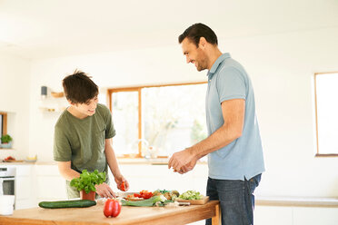 Boy and his father preparing food at kitchen counter - CUF48513