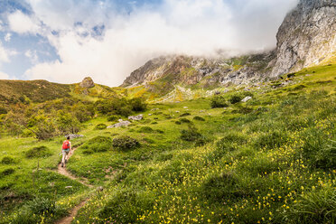 Wanderer in der Nähe von Fuente De im Naturschutzgebiet Parque National de los Picos de Europa, Potes, Kantabrien, Spanien - CUF48784