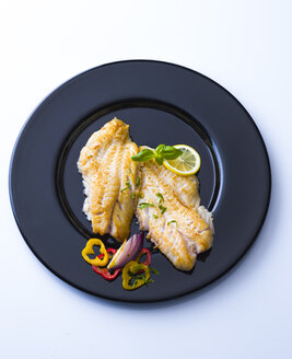 Redfish fillet on black plate garnished with herbs - PPXF00165