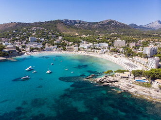 Spain, Balearic Islands, Mallorca, Region Calvia, Costa de la Calma, Peguera, Aerial view of beach with hotels - AMF06787