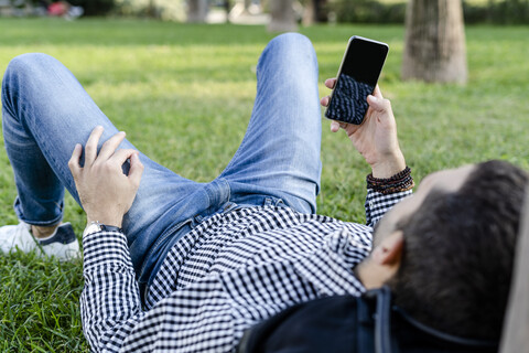 Mann liegt auf einer Wiese im Stadtpark und benutzt sein Smartphone, lizenzfreies Stockfoto