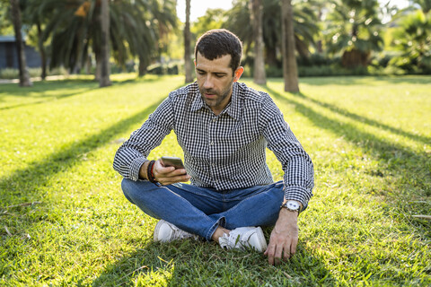 Mann sitzt auf einer Wiese im Stadtpark und schaut auf sein Handy, lizenzfreies Stockfoto