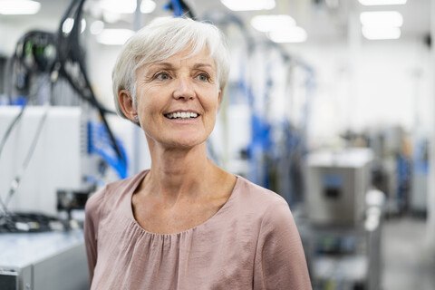 Porträt einer lächelnden älteren Frau in einer Fabrik, lizenzfreies Stockfoto