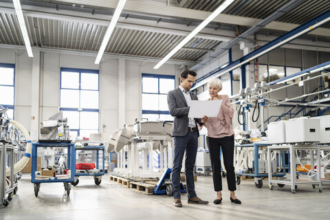 Geschäftsmann und ältere Frau betrachten einen Plan in einer Fabrik, lizenzfreies Stockfoto