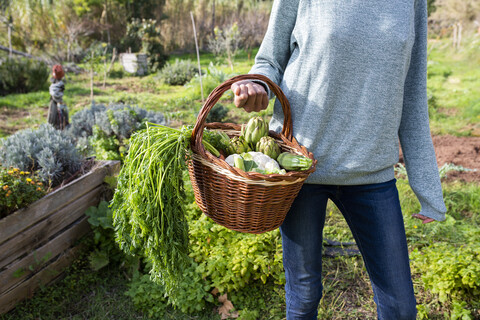 Frau steht auf dem Feld und trägt eine Gemüsekiste, lizenzfreies Stockfoto