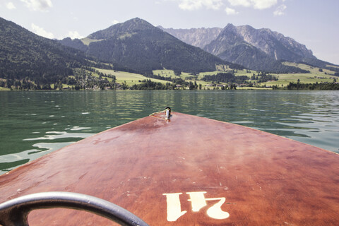 Austria, Tyrol, Walchsee, view from boat to Kitzbuehel Alps, Kaiserwinkl stock photo