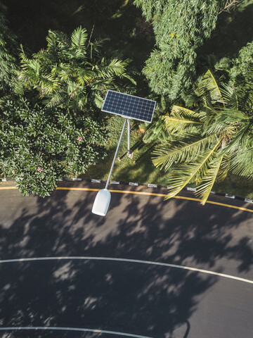Indonesia, Bali, solar-powered street lamp, aerial view stock photo