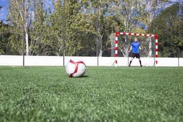 Fußball auf Rasen mit Torwart im Hintergrund - ABZF02196