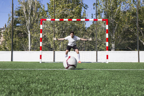 Football on grass with goalkeeper in the background - ABZF02206