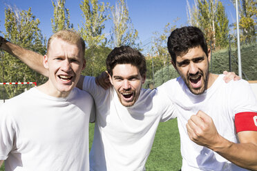 Portrait of football players cheering on football field - ABZF02209