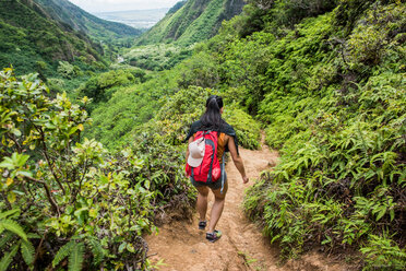 Hiker walking in rainforest, Iao Valley, Maui, Hawaii - ISF20764