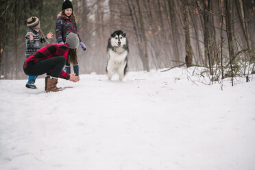 Familie mit Hund spielt in Schneelandschaft - ISF20835