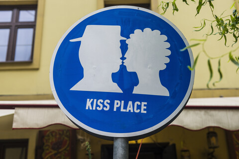 Ukraine, Lviv, Kiss place sign stock photo