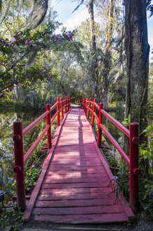 USA, South Carolina, Charleston, Rote Brücke über einen Teich in der Magnolia Plantation - RUNF01225