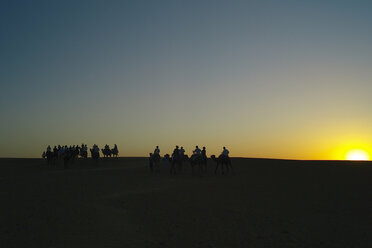 Marokko, Menschen auf Kamelen bei Sonnenuntergang - OCMF00281