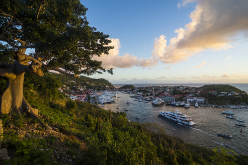 Karibik, Kleine Antillen, Saint Barthelemy, Gustavia, Hafen, Luxusyachten bei Sonnenuntergang - RUNF01266