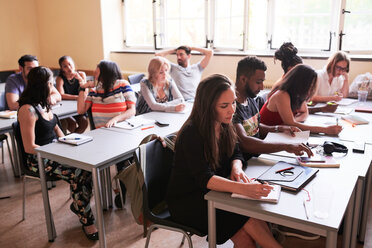Blick von oben auf multiethnische Studenten, die im Klassenzimmer lernen - MASF11245