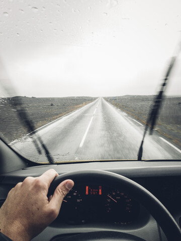 Interior of vehicle with Iceland road view stock photo