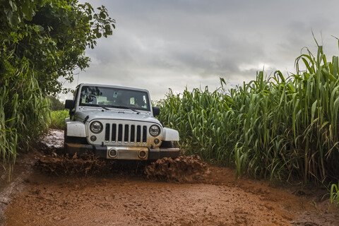 USA, Hawaii, Kauai, Geländewagen auf schlammigem Feldweg, Pfütze, lizenzfreies Stockfoto