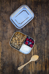 Breakfast box with granola, quinoa nuts, greek yogurt, blueberries and raspberries - LVF07793