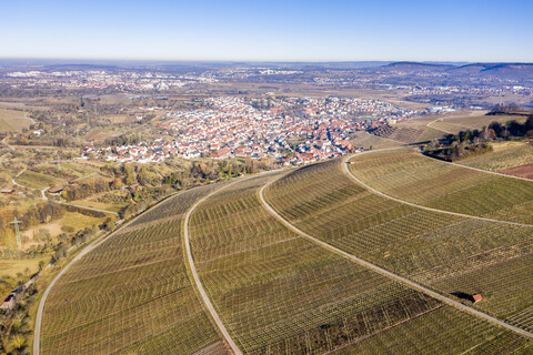 Deutschland, Baden-Württemberg, Stetten im Remstal, Aeriealansicht der Weinberge im Winter, lizenzfreies Stockfoto