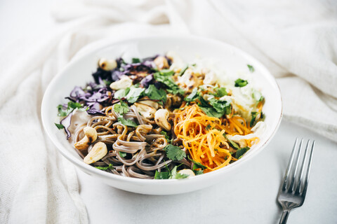 Schüssel Buchweizennudelsalat mit Rohkost, gerösteten Cashewnüssen, Koriander und würzigem Dressing, lizenzfreies Stockfoto