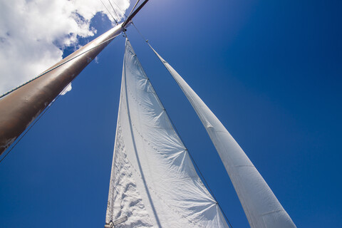 Fiji, Mamanuca islands, Sailing, sails against blue sky stock photo