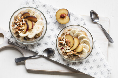 Cereals with banana and plum stock photo