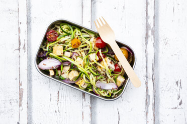 Lunch box of zoodles with fried tofu, red quinoa, red onions and tomatoes - LVF07811