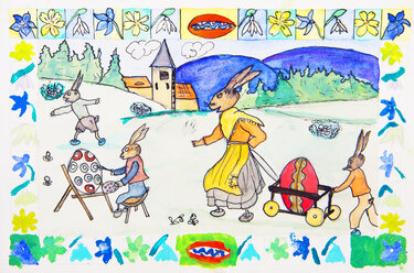 Children's painting of Easter bunnies at work - WWF04887