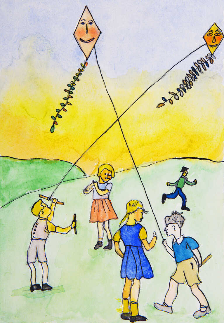Three children flying a kite in a sunny meadow with watercolor effect on  Craiyon