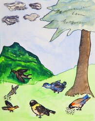 Kindermalerei von Singvögeln in der Natur - WWF04893