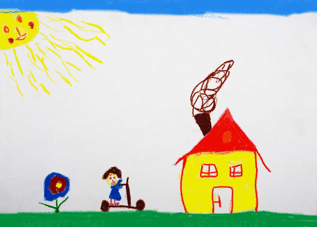 Kids drawing. Drawing made by a child. Children's illustration of a house  with a chimney and