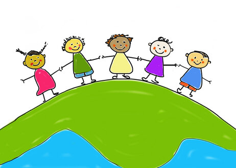 Children's drawing of five smiling children standing hand in hand on mother earth - WWF04906