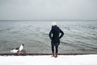 Grey goose and young woman at Lake Starnberg in winter - WFF00009