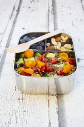 Lunchbox with quinoa salad with tomato and cucumber, blue berry and trail mix - LVF07828