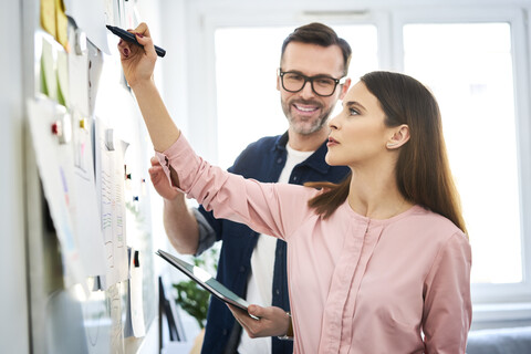 Two colleagues discussing at whiteboard in office stock photo