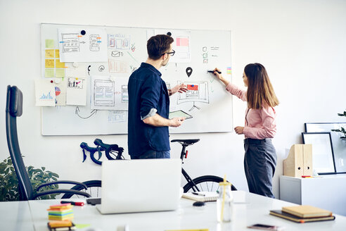 Zwei Kollegen diskutieren am Whiteboard im Büro - BSZF01005