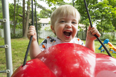 Porträt eines niedlichen, verspielten, schreienden kleinen Jungen, der auf einer roten Plastikschaukel auf dem Spielplatz schaukelt - CAVF60637