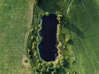 Luftaufnahme eines Sees inmitten einer grünen Landschaft an einem sonnigen Tag - CAVF60751