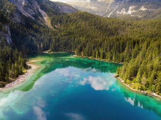 Italy, Trentino, South Tirol, Non Valley, aerial view of lake Tovel in summer - LOMF00842