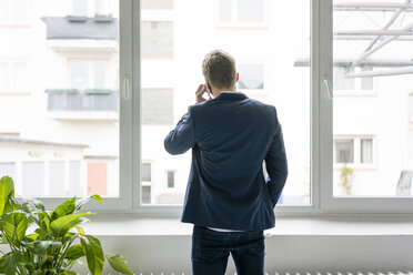 Rückansicht eines jungen Geschäftsmannes, der am Fenster mit einem Handy telefoniert - MOEF02157