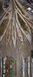 Aerial view of trains at shunting yard - CAVF61288