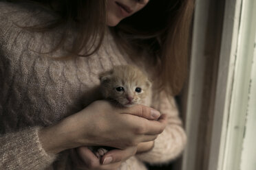 Mittelteil einer Frau, die ein süßes Kätzchen hält, während sie zu Hause am Fenster steht - CAVF61332