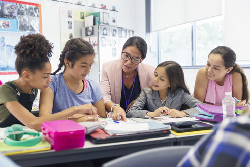 Weibliche Lehrerin und Schülerin der Junior High School lernen am Schreibtisch im Klassenzimmer - CAIF22927