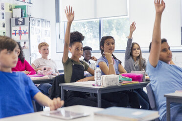 Gymnasiasten mit erhobenen Händen im Klassenzimmer - CAIF22929